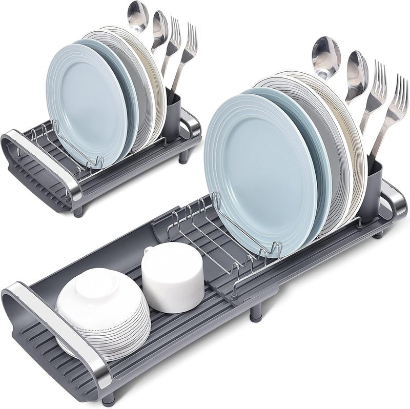 TOOLF Small Dish Drying Rack, Mini Expandable Compact Dish Rack, Slim Extendable Stainless Steel Dish Drainer for Kitchen Plate Storage, Space Saving Dish Strainer in Sink or on Home Countertop, Gray - Image 1